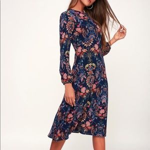 Garden Splendor Navy Blue Floral Print Dress